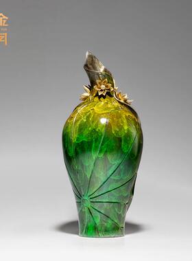铜金岁月荷叶花瓶铜摆件花瓶插花铜雕装饰品玄关电视柜博古架铜器