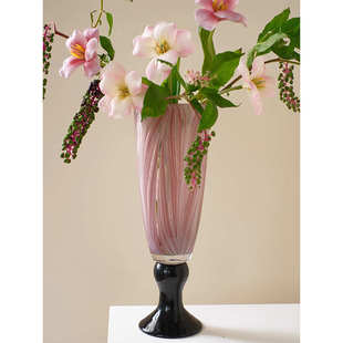 粉色肌理高脚琉璃花瓶法式复古风灯轻奢高档客厅艺术花器插花摆件