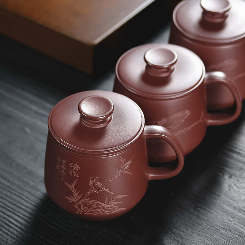 批发原矿紫砂杯宜兴手工刻绘竹子办公室泡茶带过滤芯盖杯礼品套装