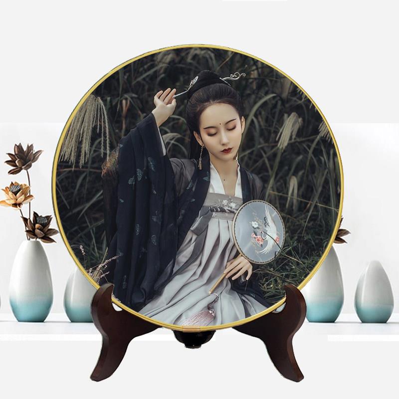 新中式复古中国风圆形水晶瓷拉菲版画摆台照相馆照片定制挂墙摆件