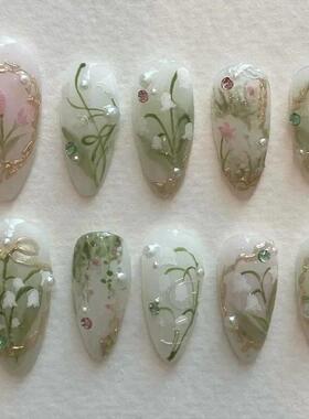 24Pcs Flora Almond Press on Nails with Glue Mori Girl Nail A