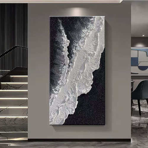 手绘油画黑白砂岩装饰画抽象海浪沙滩立体肌理画客厅玄关高档挂画