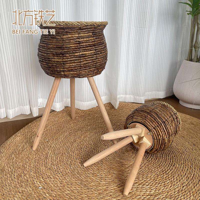 北欧风客厅花篮花架藤编花盆 阳台花架编织草编篮子摆件实木花盆