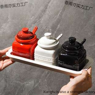 酷陶瓷调味罐渐变色家用带勺调料盒调味盐调料罐套装无