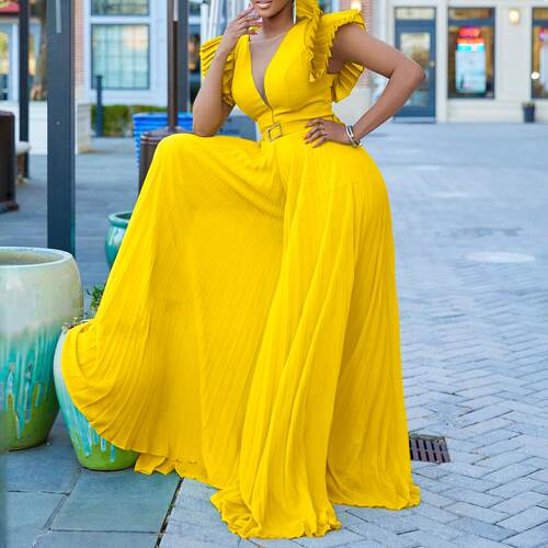 Women's deep pressed pleated wide leg oversized jumpsuit