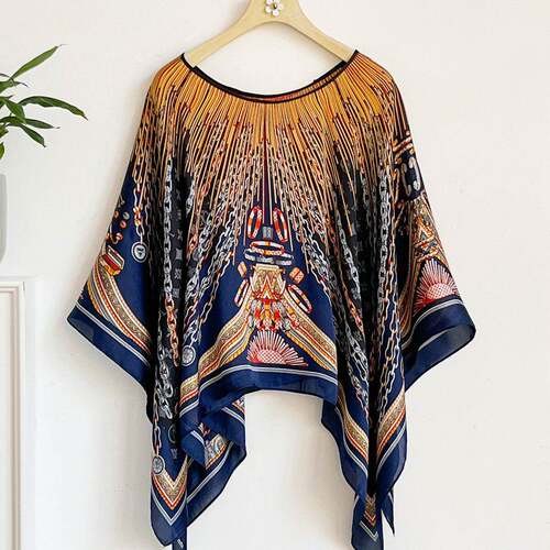 French Luxurious Ethnic Pattern Silk Feel Shawl, Windproof