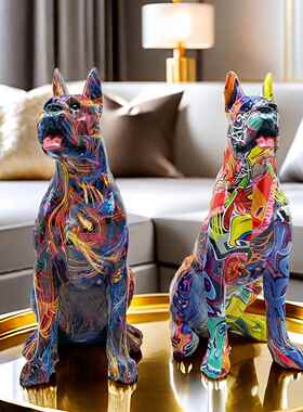 新中式摆件轻奢高档客厅炫彩杜宾犬客厅家居大型狗装饰摆设树脂工