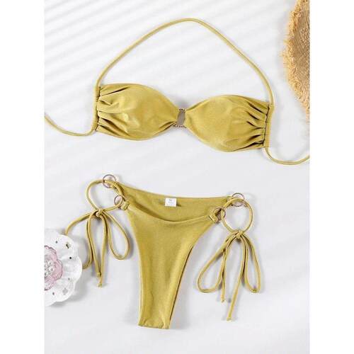 Hanging neck tie three-point bikini 挂脖系带镂空三点式比基尼