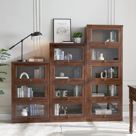 美式实木书柜自由组合带玻璃门置物架现代储物柜子收纳柜展示柜