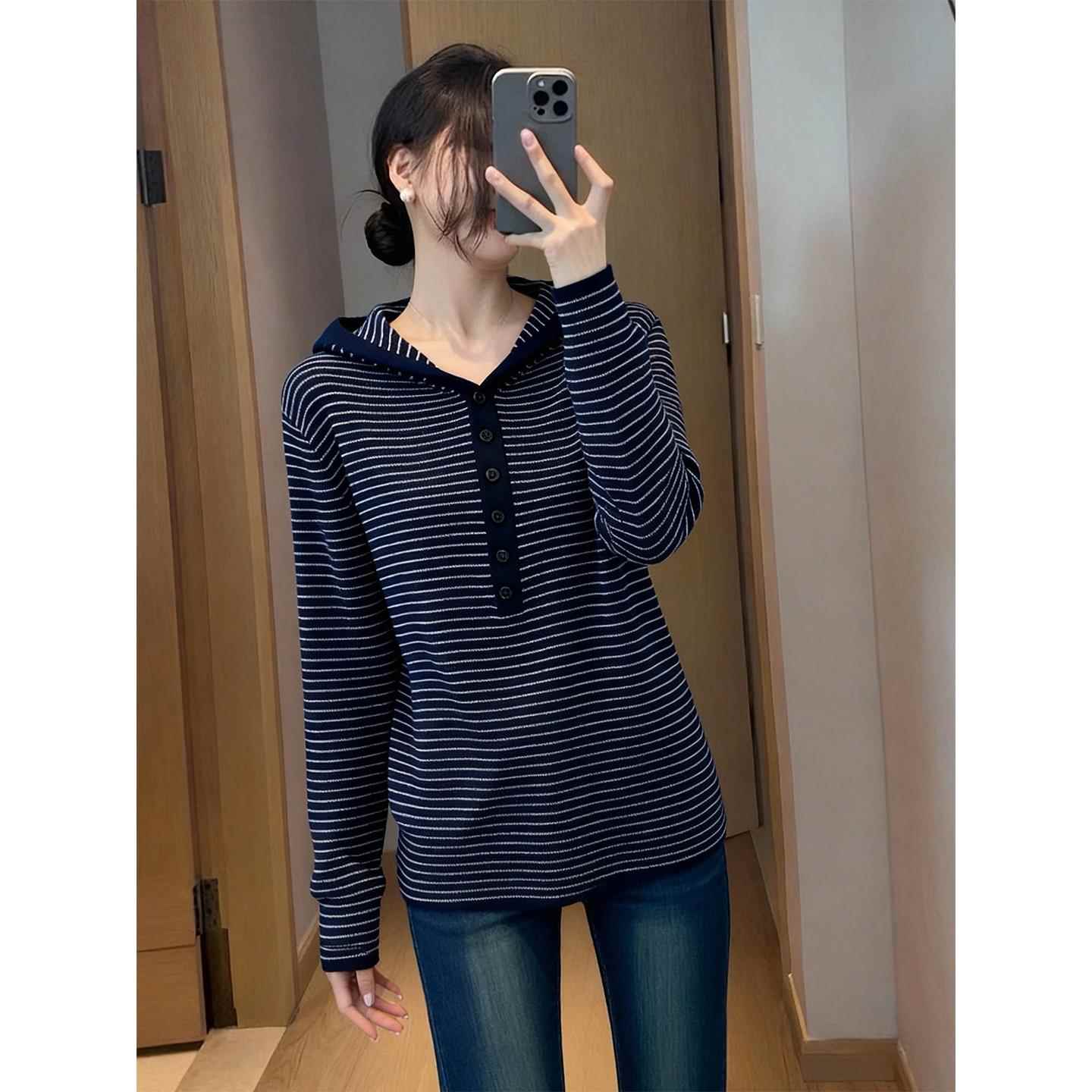 时尚轻熟连帽条纹长袖针织衫女2025秋季新款韩系洋气减龄显瘦上衣