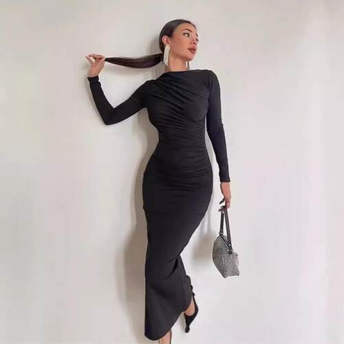Elegant Women's Ruched Bodycon Long Dress  Stretchy Long