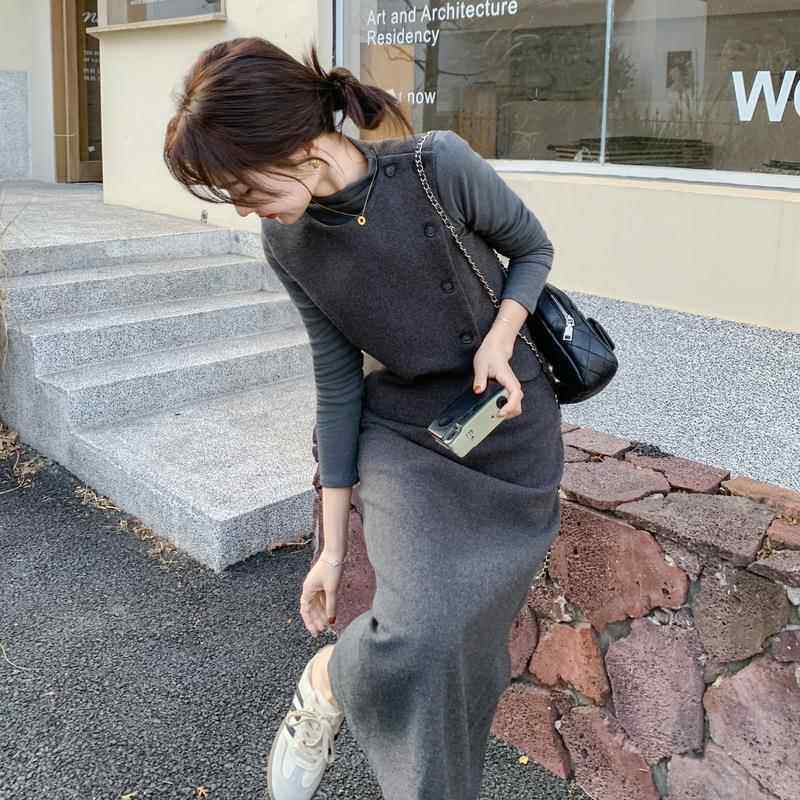 灰色设计感毛呢春甲马半身C221-F16裙打底衫套装三系件套女早秋韩