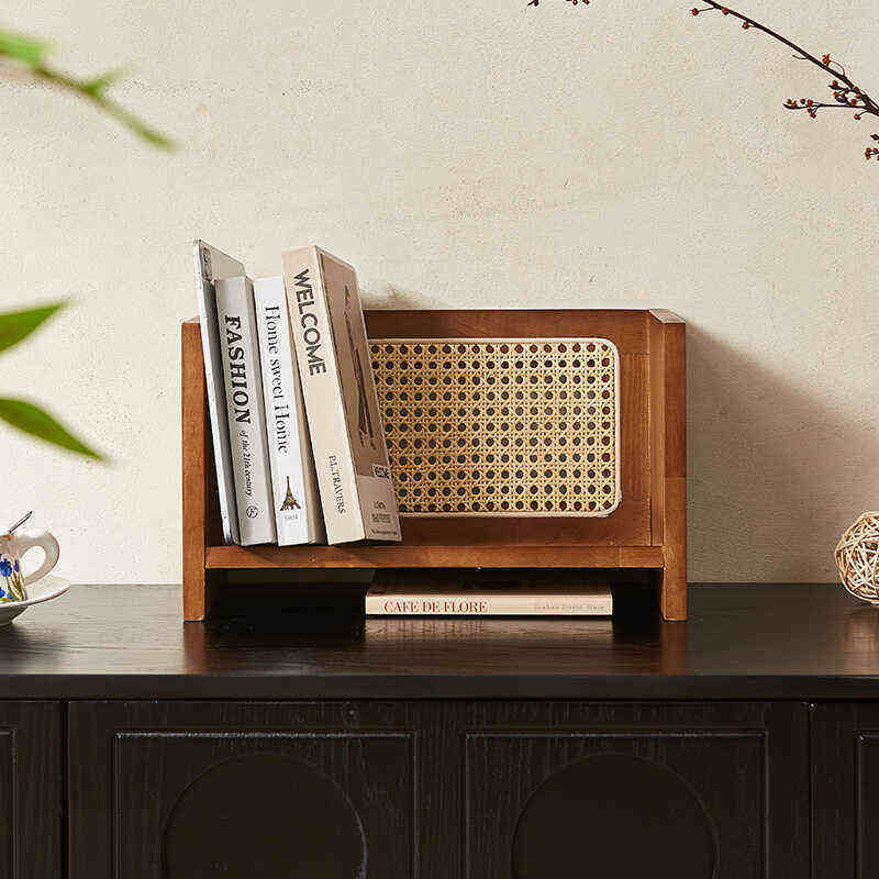 北欧创意侘寂风小型书架家用落地杂志架桌面书报藤编收纳架子