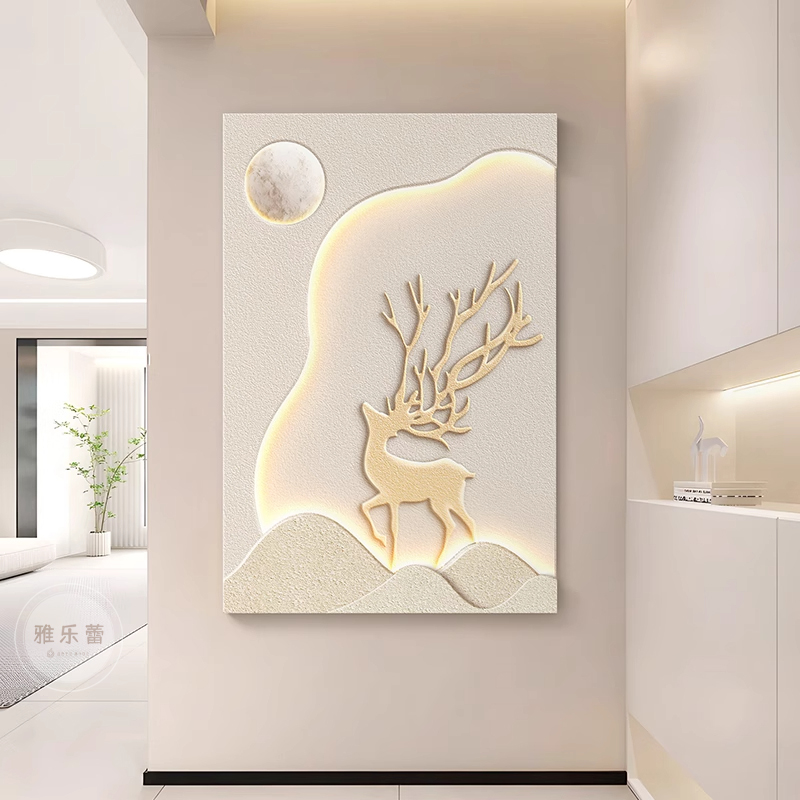 奶油风入户玄关装饰画立体福鹿灯光画现代简约走廊过道背景墙挂画图片