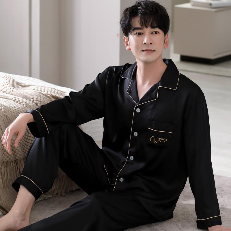 春秋季男士长袖真丝睡衣夏季丝绸薄款男冰丝绸休闲 睡衣套装家居