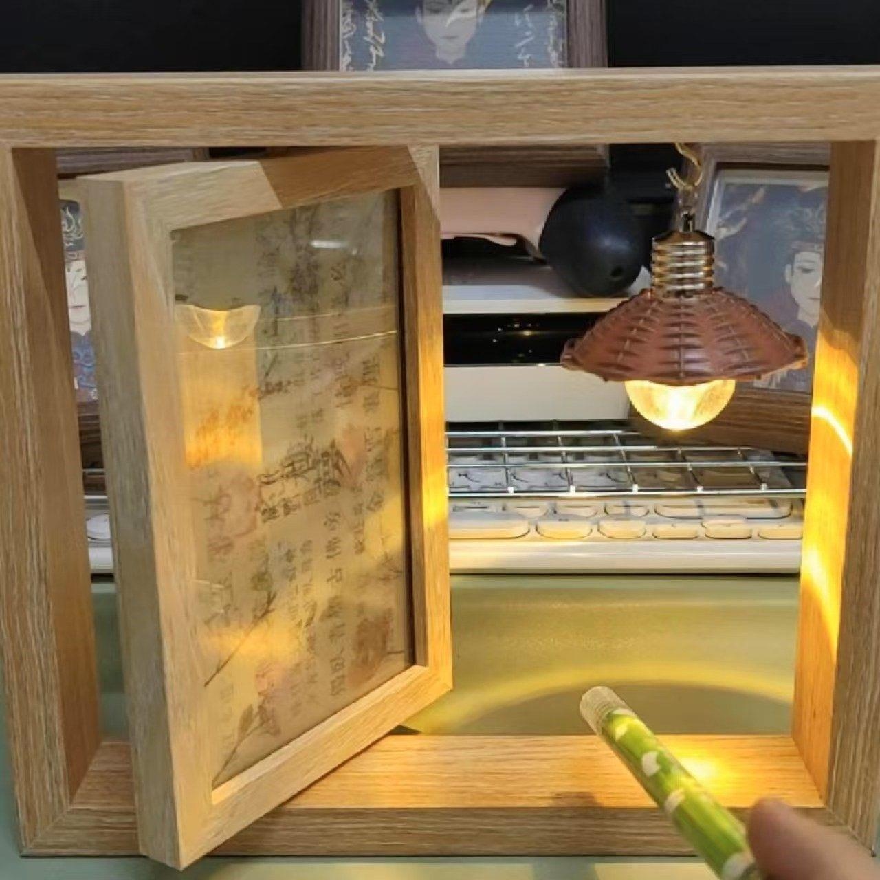 双面透明相框旋转带灯摆台光栅卡小卡展示框创意个性桌面装饰摆饰