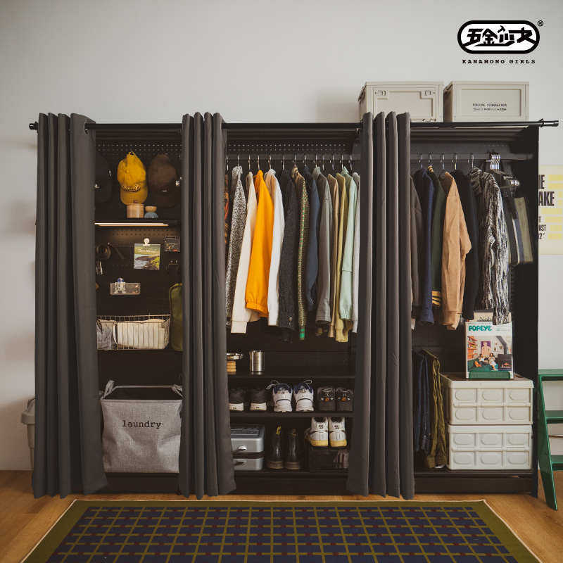 #洞洞板金属大衣柜铁艺落地衣架组装带防尘帘开放式衣帽