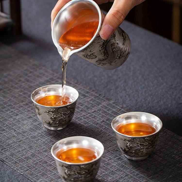 银杯子真银包银质手绘墨龙主人杯茶杯茶盏陶瓷鎏养生酒茶杯