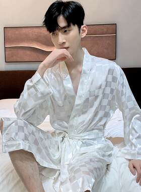 冰丝睡袍男士春夏季和服薄款长袖彷真丝绸睡衣春秋家居服浴袍晨袍
