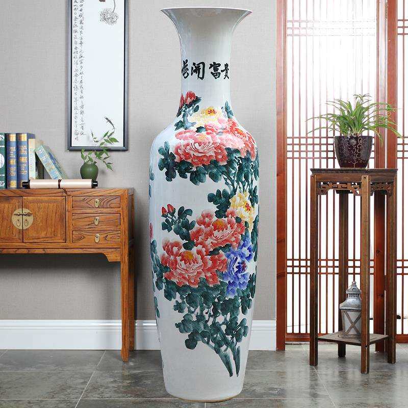 景德镇陶瓷器1.6米手绘青花牡丹落地大花瓶中式摆件 酒店开业装饰