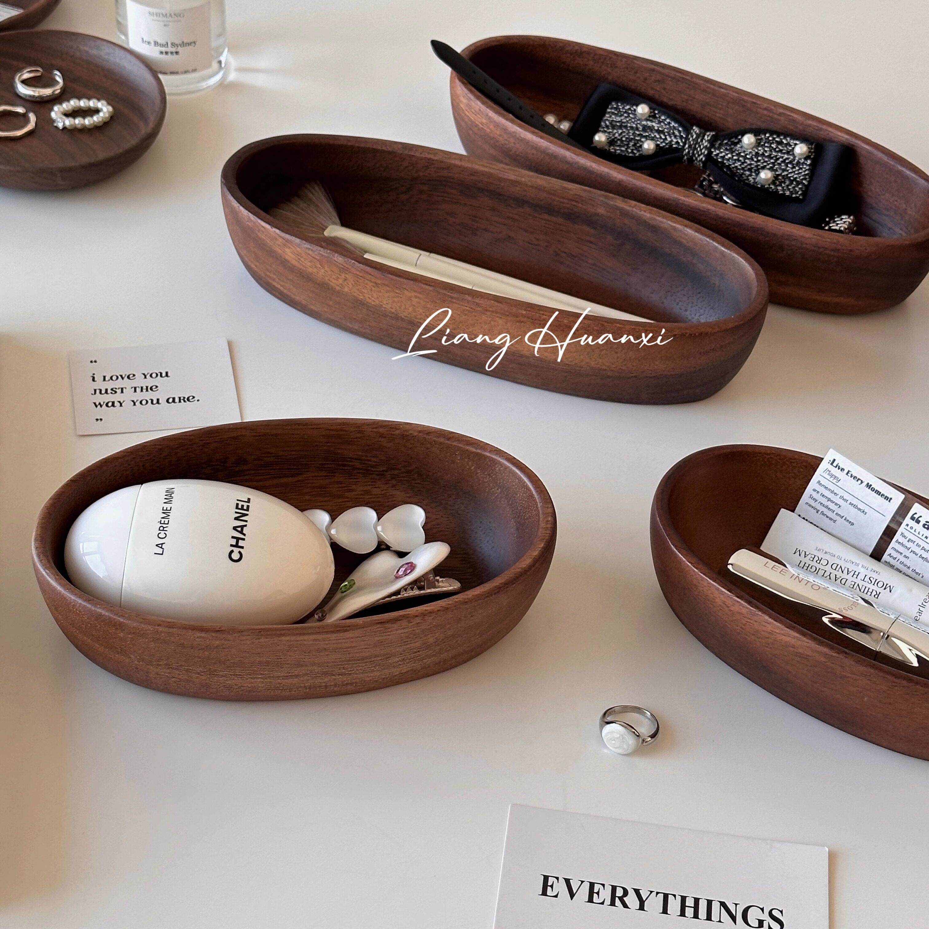 复古桌面木质收纳盒实木化妆品首饰收纳盘玄关杂物整理置物盘摆件