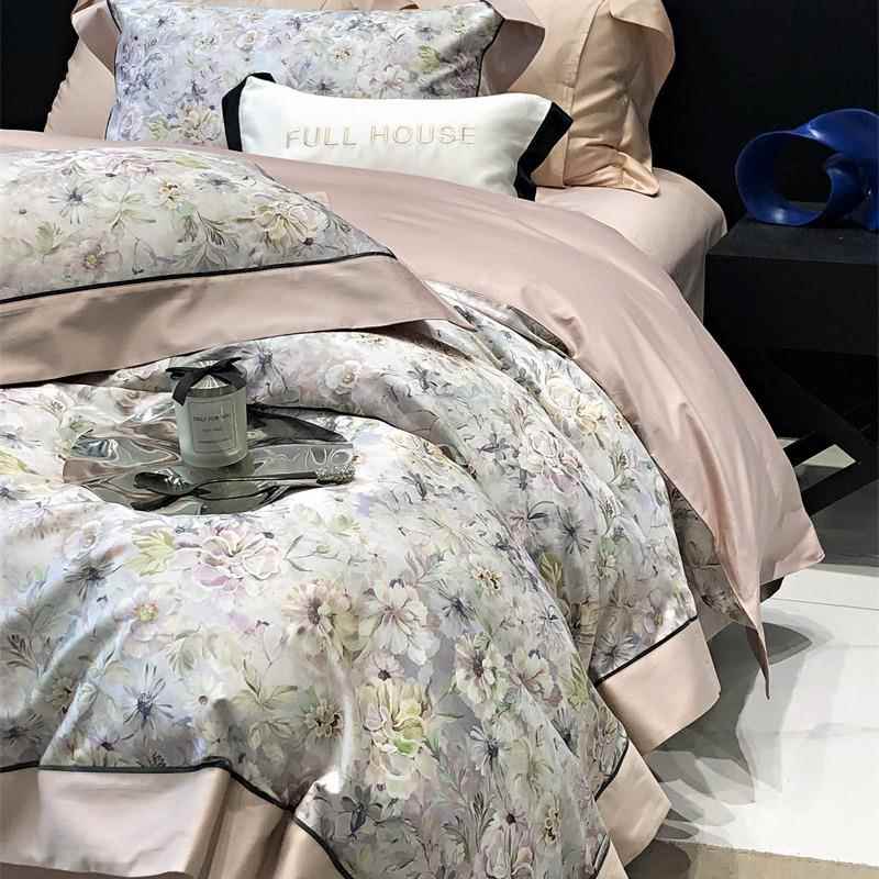 美床式复古风LRU100S四长绒棉纯棉件田园风数码印花套全棉被套上