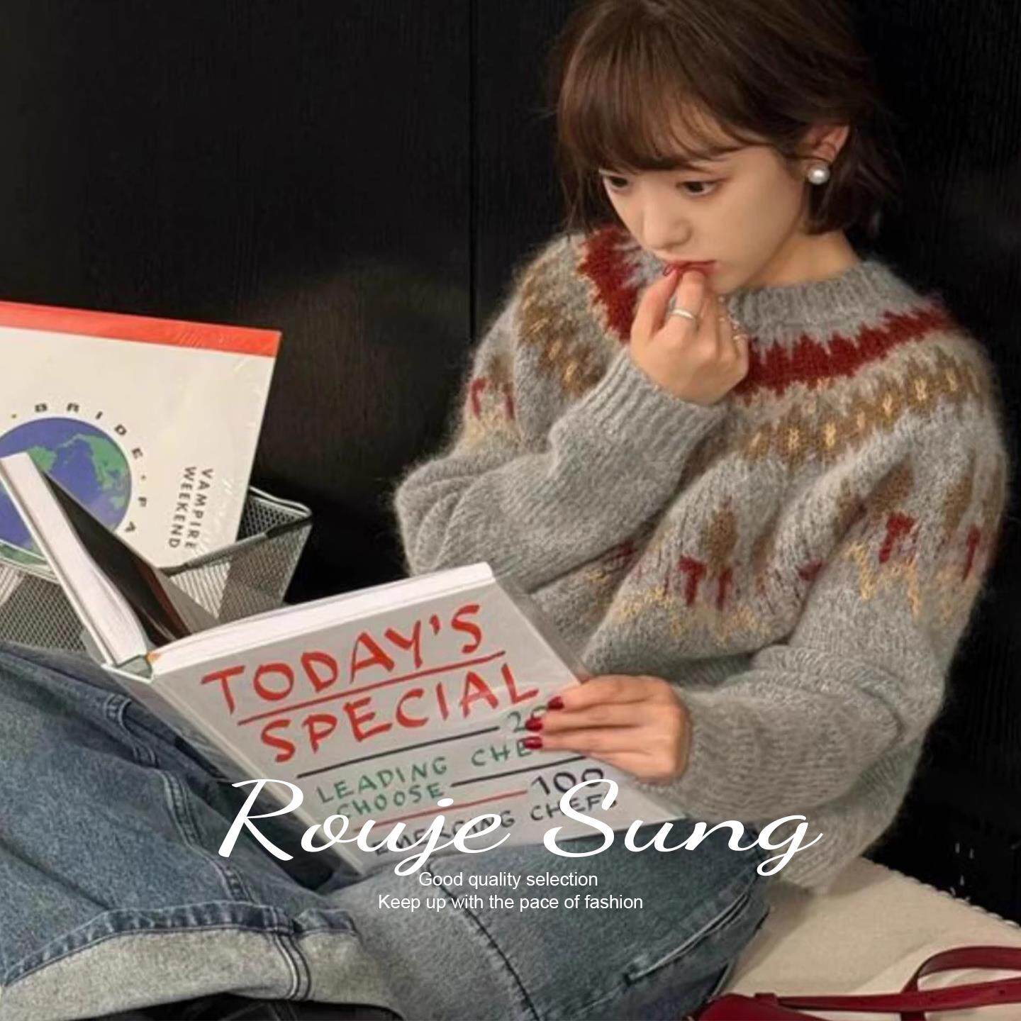 ROUJE SUNG费尔岛灰色提花套头羊毛衣女秋冬季宽松软糯羊绒针织衫