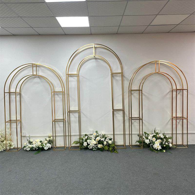 新款婚庆道具镀金铁艺婚礼舞台布置弧形拱门屏风迎宾区摆件背景架