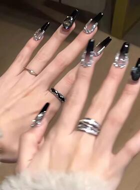 夜色黄昏风格高级感黑色镶钻假指甲 可拆卸美甲贴片 适合任何肤质