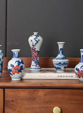 陶瓷景德镇迷你青花瓷小干花摆件装饰手绘花瓶博古架花瓶居家彩绘