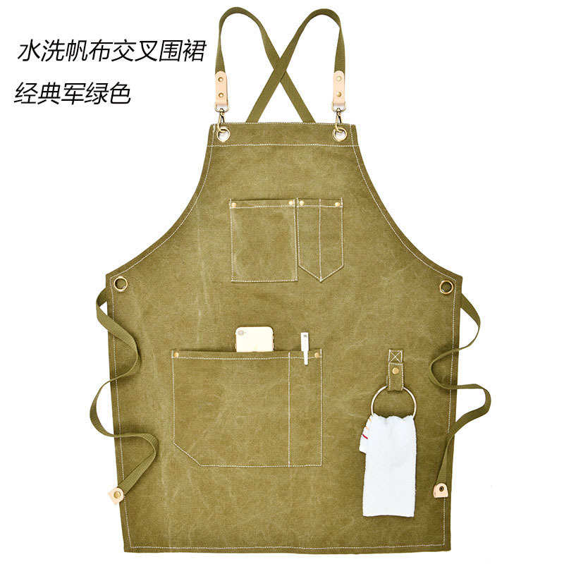 帆布牛仔围裙设计版型制作围裙供应男女时尚园艺咖啡师工作服LOGO