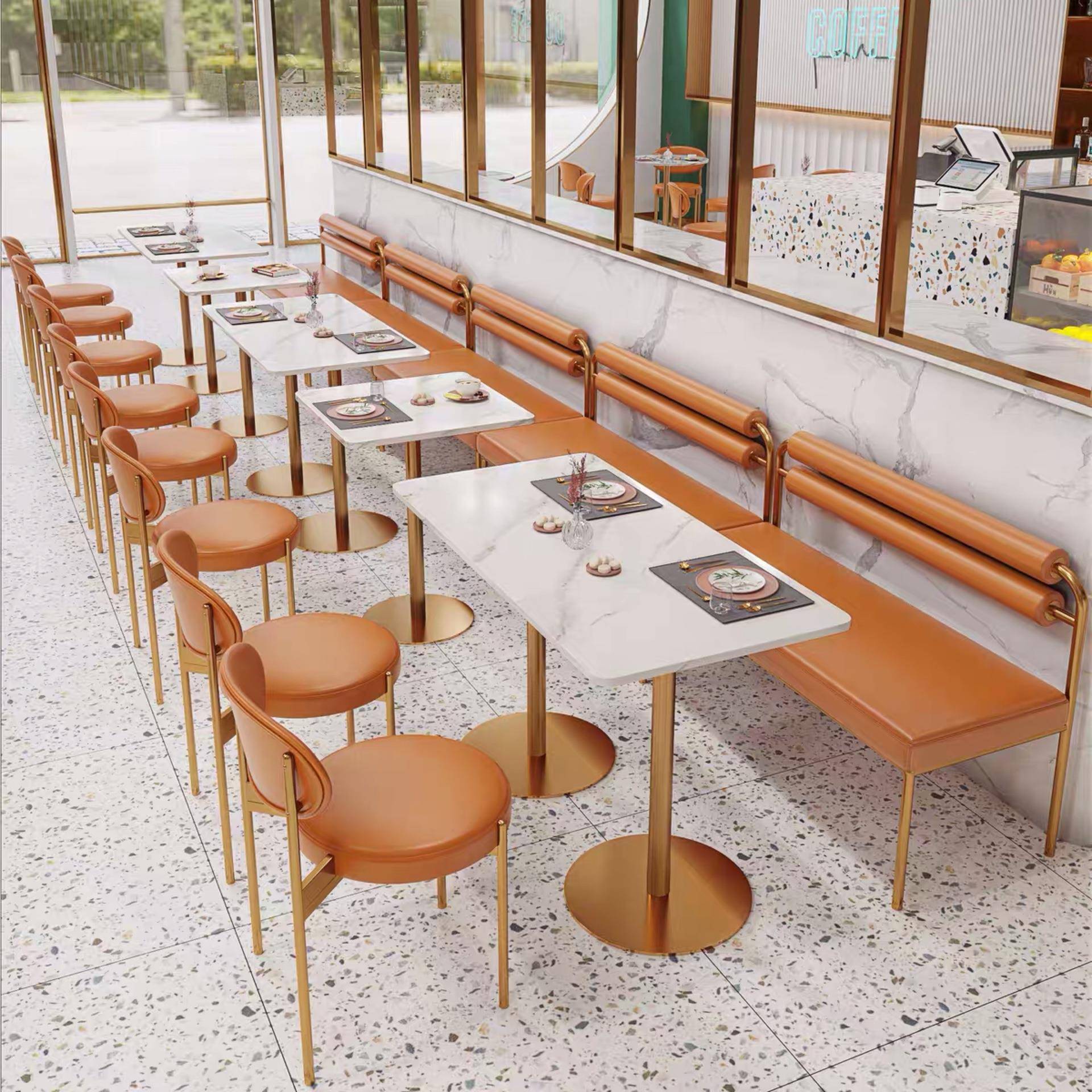 奶茶店桌椅卡座铁艺甜品店咖啡厅餐厅餐饮店靠墙沙发组合家用圆桌