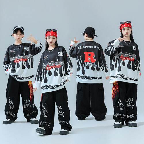 少儿街舞演出服男童火焰嘻哈hiphop宽松表演潮服酷帅套装2025新款