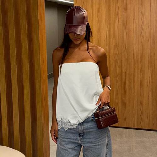 Women White Strapless Tube Top Lace Trim Satin Cami