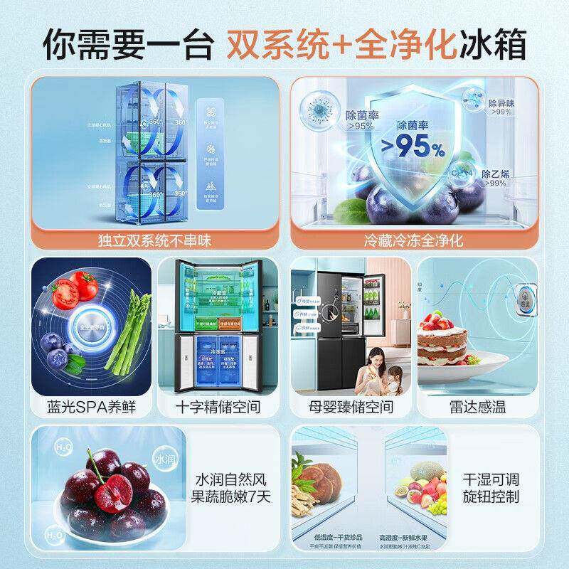容声501L十字四开门对开门冰箱家用大容量双系统能效风冷无霜