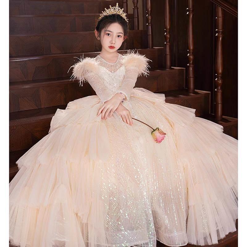 香槟色女童礼服十岁生日公主裙绝美花童婚礼儿童主持人钢琴演出服
