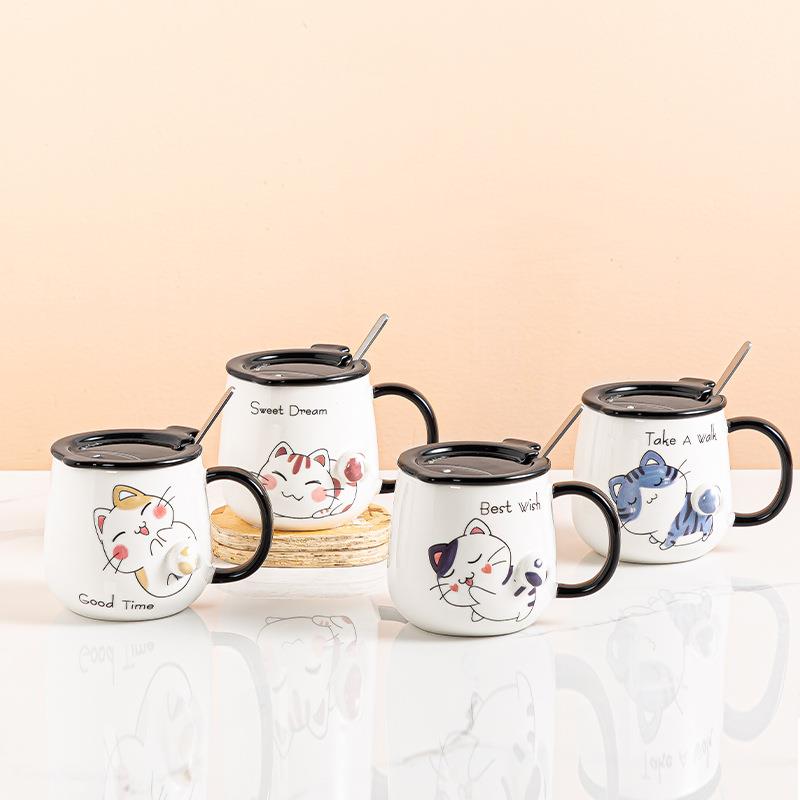 马克杯带盖勺可爱猫咪猫抓陶瓷杯女生高颜值手机支架ins风杯子女