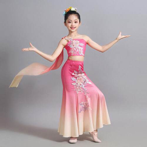 新型儿童傣族舞蹈表演服装练习裙鱼尾裙孔雀舞蹈表演服装女孩艺术
