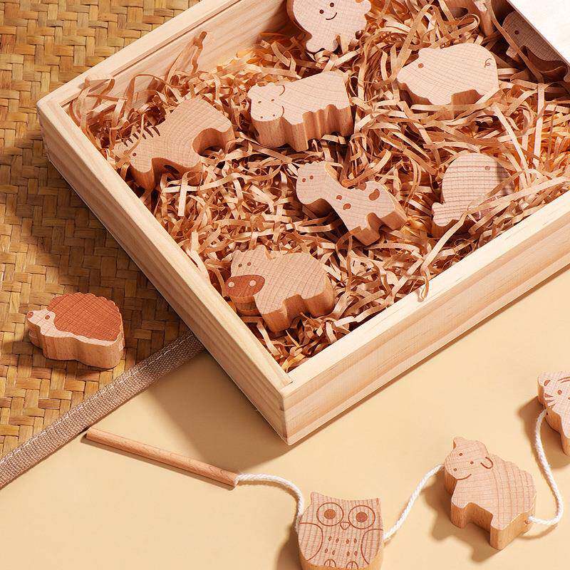 儿童动物串珠榉木木制穿绳宝宝认知早教木质积木穿线玩具