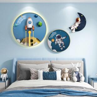 画儿童房背景墙圆 画太空人太空男孩卧室床头挂画 男童房间装 饰画