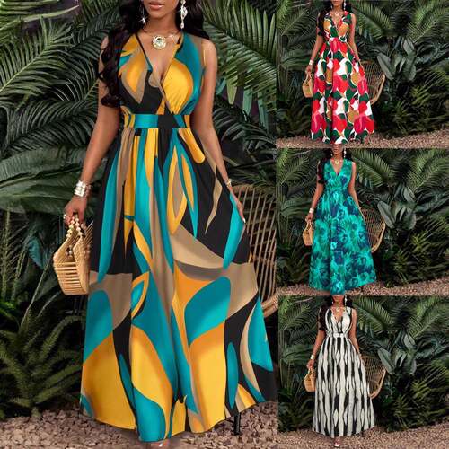 Summer New Fashion Striped Print Colorblock Cross Neck off