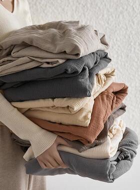 I9S裸睡床单A类双层纱K皱皱纱软纯单F777T89J件床笠柔被套棉枕套