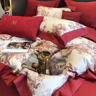 100支长绒棉数码 印花婚庆四件套全棉高端结婚大红被套宽边1.8床品