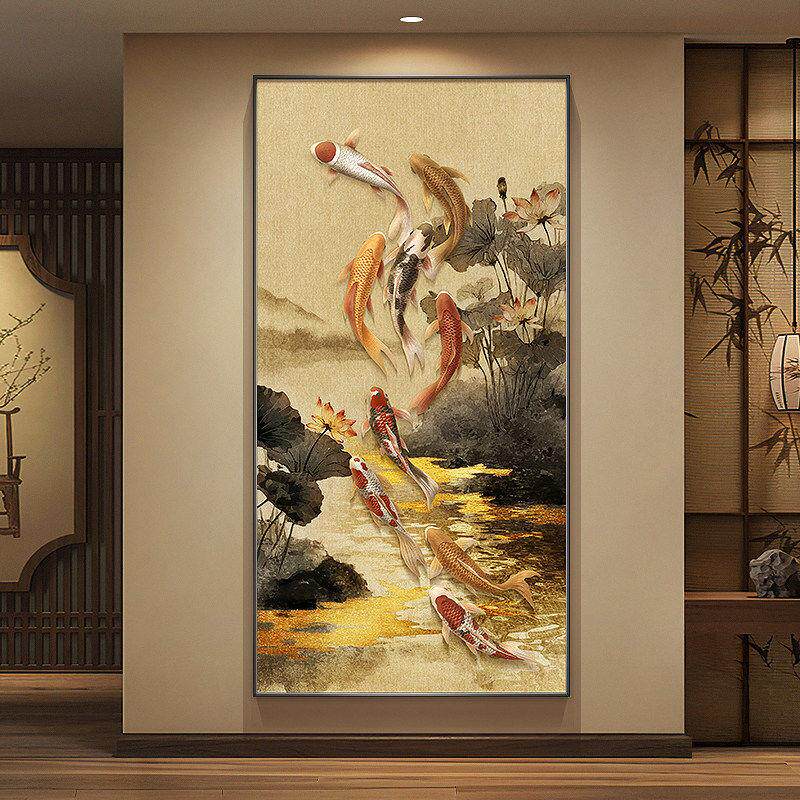 宋代美学九鱼图玄关装饰画荷花走廊过道挂画新中式锦鲤入户门壁画