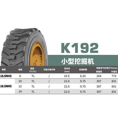 朝阳小型挖掘机斜交轮胎花纹K192 规格10-16.5NHS/12-16.5NHS现货