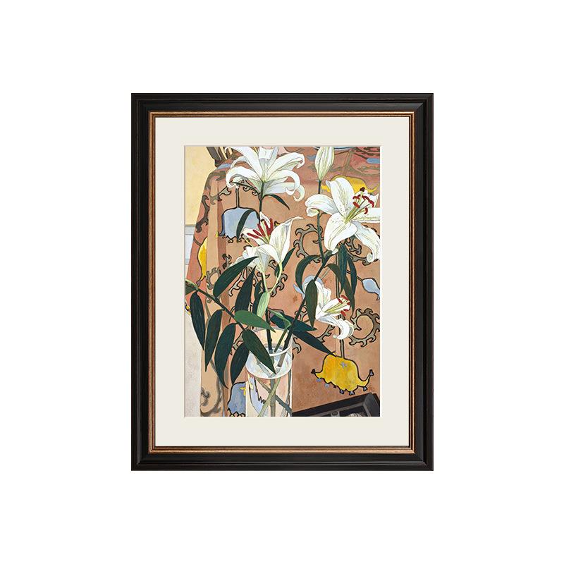 餐边的百合中古风装饰画花卉餐厅卧室挂画边柜摆画美式复古壁画