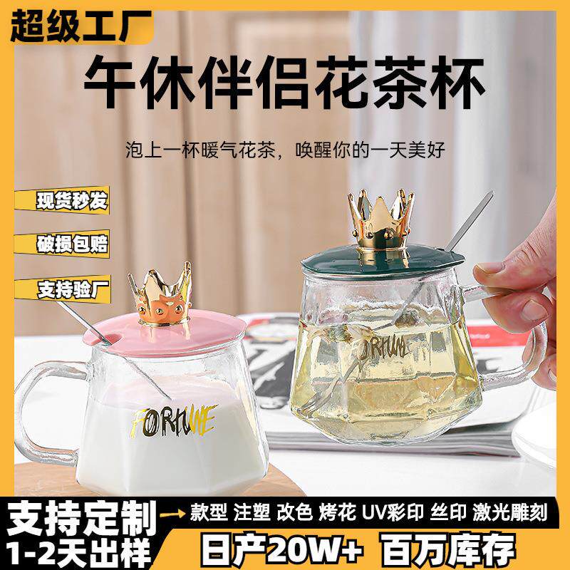 网红皇冠玻璃杯咖啡杯简约ins风女水杯带把手带盖早餐杯透明茶杯