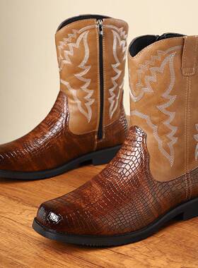 Mens Western PU Boots with Textured Detailing Extended Sizes