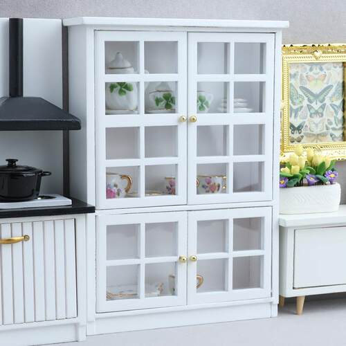 1:12娃娃屋dollhouse配件模型简约白色书柜碗柜橱柜3层柜