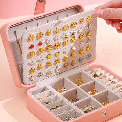 1Pcs Leather Portable Jewelry Box Double Simple Earrings Rin